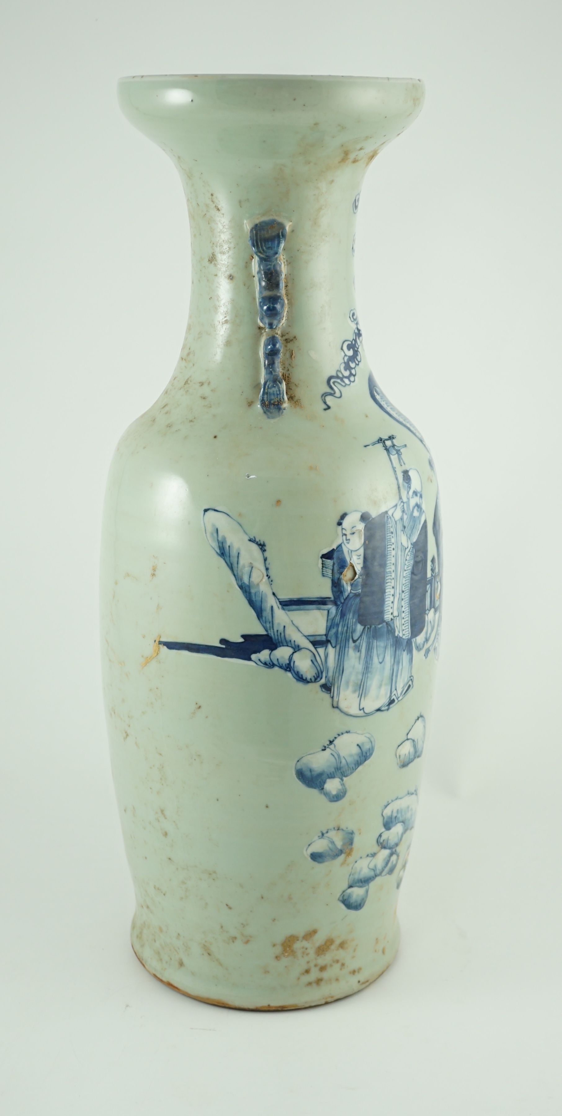 A large Chinese blue and white celadon ground vase, 19th century, rim chip and hairline crack
